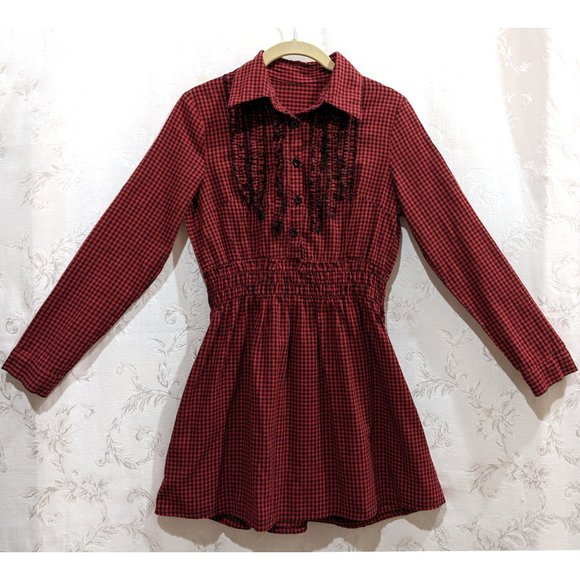 Vintage Y2K Plaid Ruffle Front Long Sleeve Dress S Cotton Kawaii Grunge Western - Picture 1 of 5